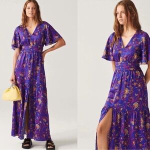 Ba&Sh Cecelia blue paisley floral flutter sleeve midi wrap dress